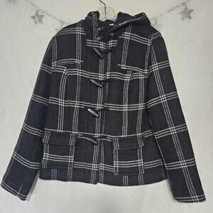 Old Navy Large Vintage Plaid Wool Blend Hooded Pea Coat Duffle Sporty Preppy